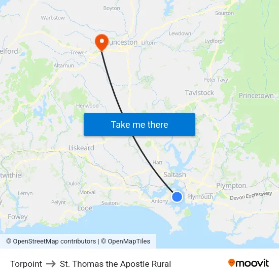 Torpoint to St. Thomas the Apostle Rural map