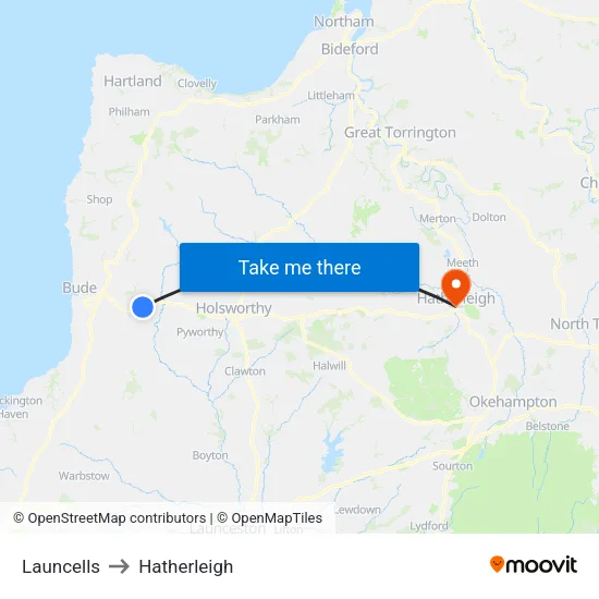 Launcells to Hatherleigh map