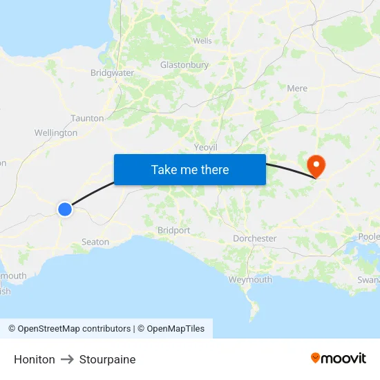 Honiton to Stourpaine map