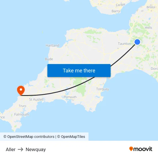 Aller to Newquay map