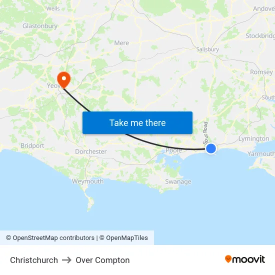 Christchurch to Over Compton map