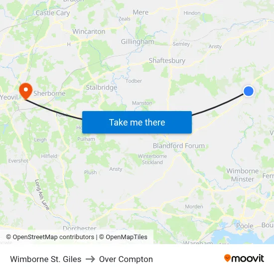 Wimborne St. Giles to Over Compton map