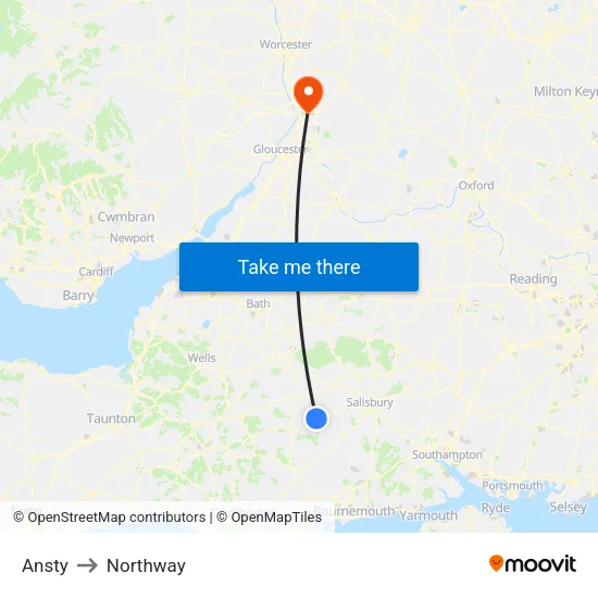 Ansty to Northway map