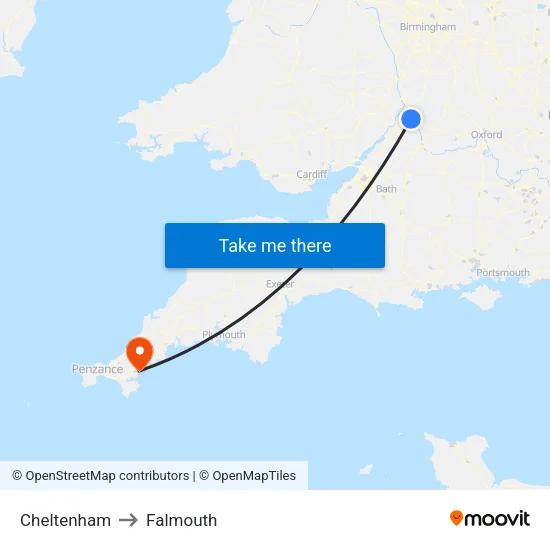 Cheltenham to Falmouth map