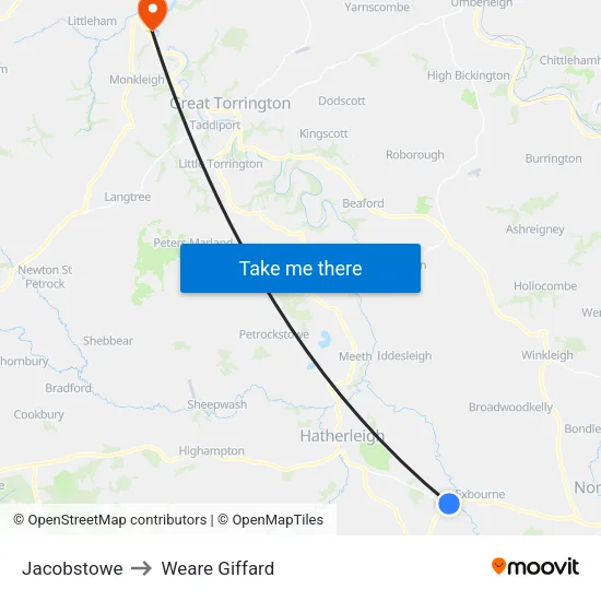 Jacobstowe to Weare Giffard map