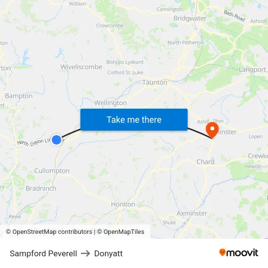 Sampford Peverell to Donyatt map