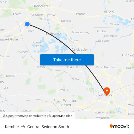 Kemble to Central Swindon South map