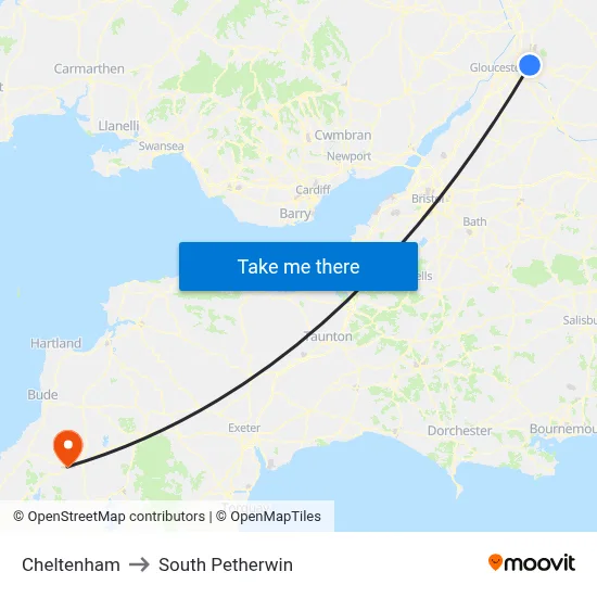 Cheltenham to South Petherwin map