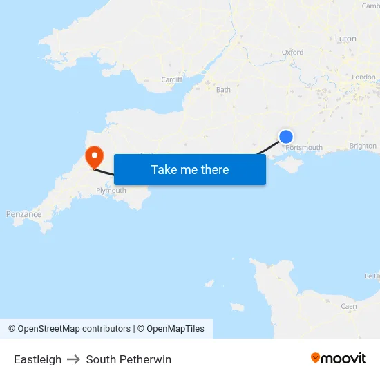 Eastleigh to South Petherwin map