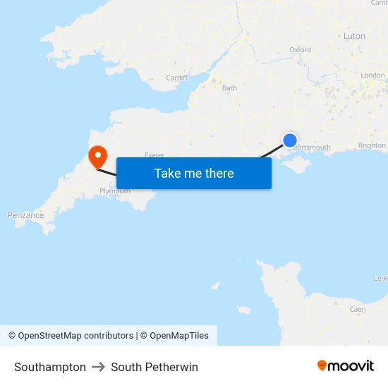 Southampton to South Petherwin map