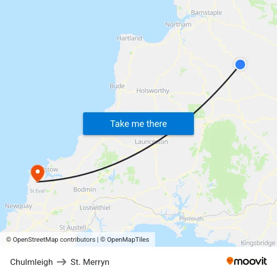 Chulmleigh to St. Merryn map