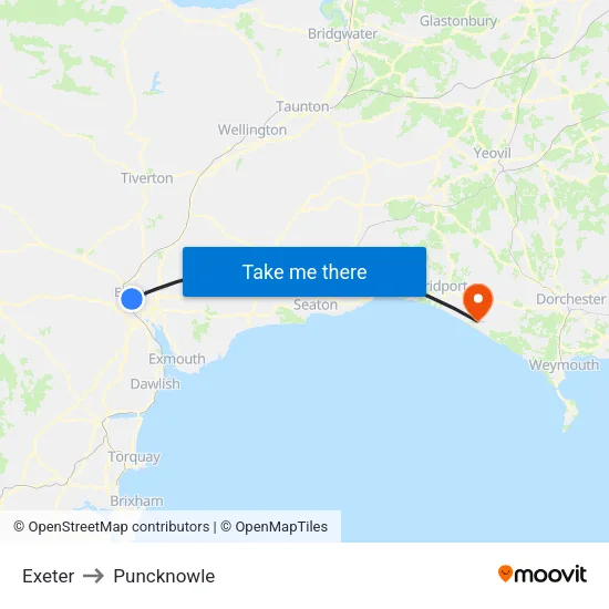 Exeter to Puncknowle map