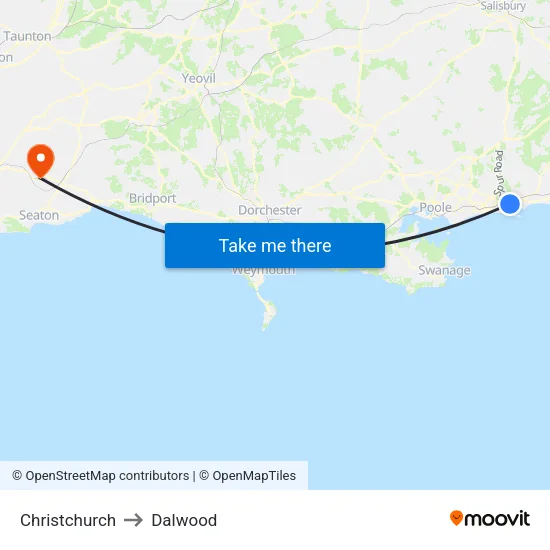 Christchurch to Dalwood map