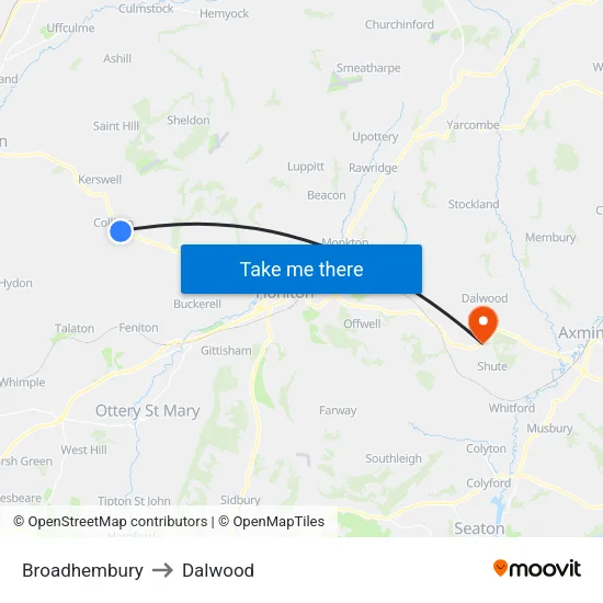 Broadhembury to Dalwood map