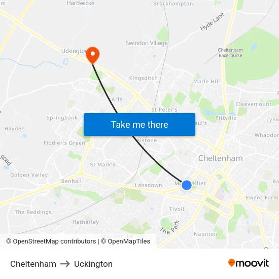 Cheltenham to Uckington map