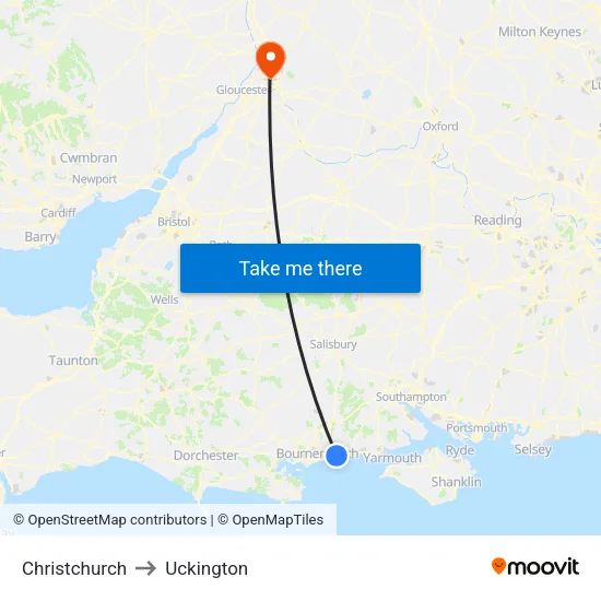 Christchurch to Uckington map