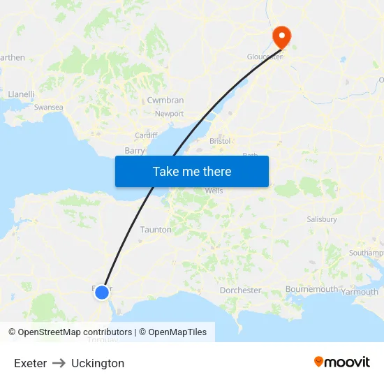 Exeter to Uckington map