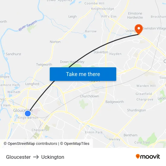 Gloucester to Uckington map