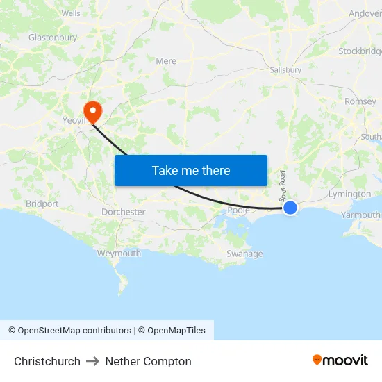 Christchurch to Nether Compton map