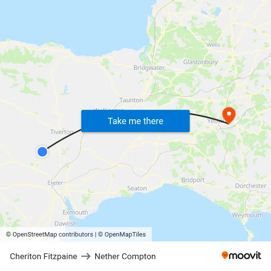 Cheriton Fitzpaine to Nether Compton map