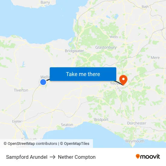 Sampford Arundel to Nether Compton map
