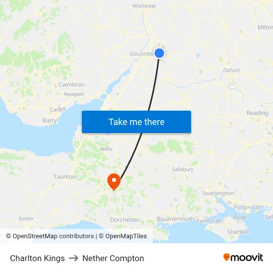 Charlton Kings to Nether Compton map