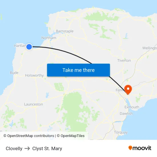 Clovelly to Clyst St. Mary map