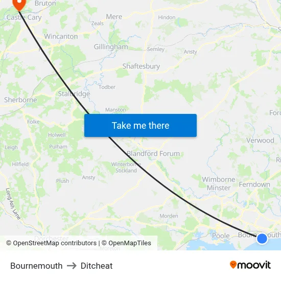 Bournemouth to Ditcheat map