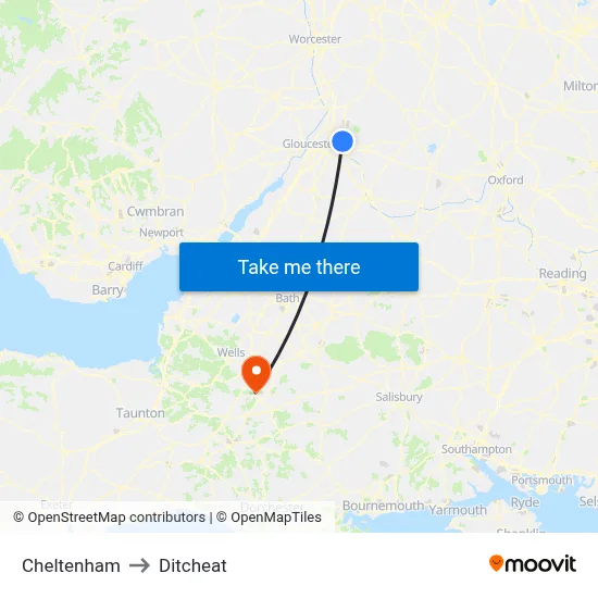 Cheltenham to Ditcheat map
