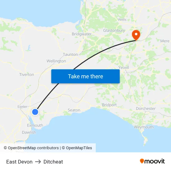 East Devon to Ditcheat map