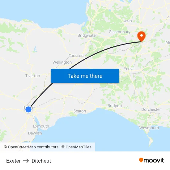 Exeter to Ditcheat map