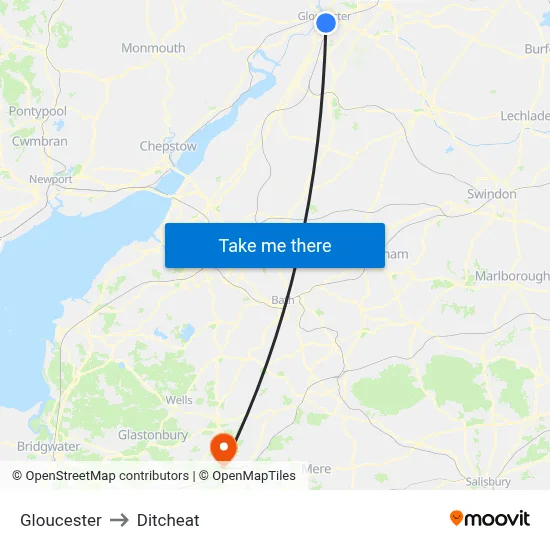 Gloucester to Ditcheat map
