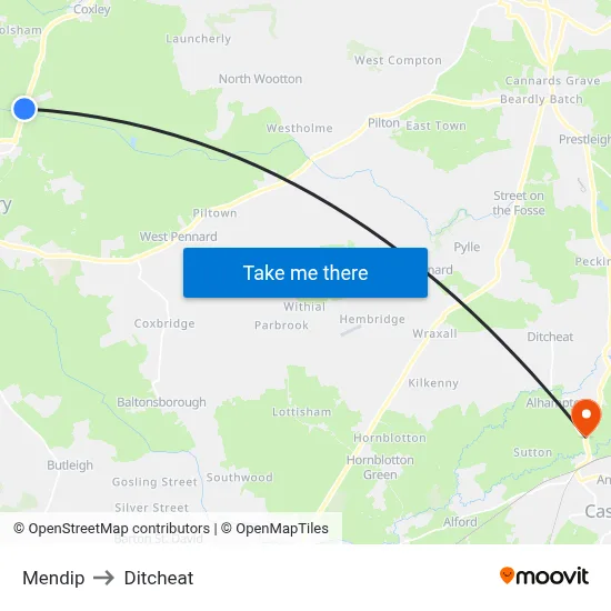 Mendip to Ditcheat map