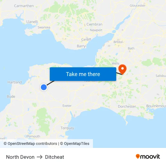 North Devon to Ditcheat map