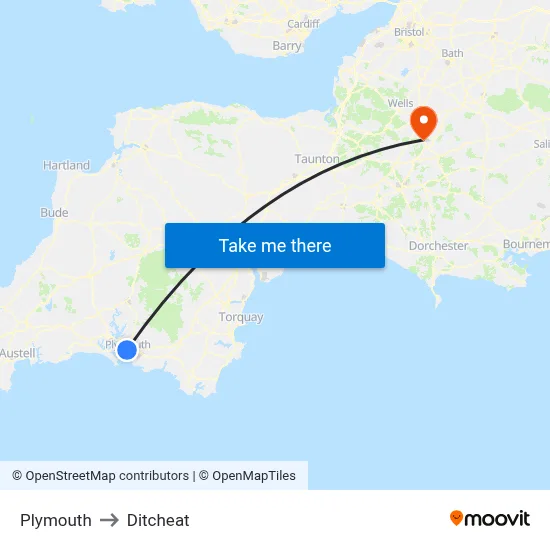 Plymouth to Ditcheat map