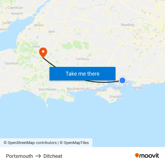 Portsmouth to Ditcheat map