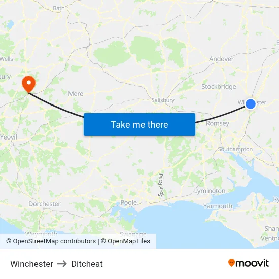 Winchester to Ditcheat map