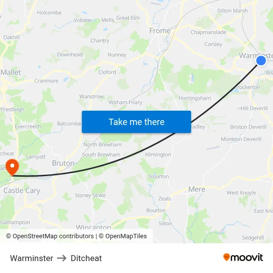 Warminster to Ditcheat map