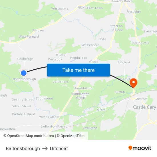 Baltonsborough to Ditcheat map