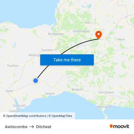 Awliscombe to Ditcheat map