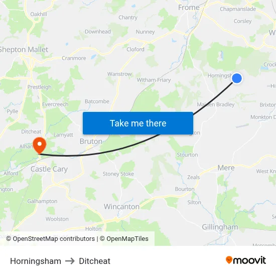 Horningsham to Ditcheat map