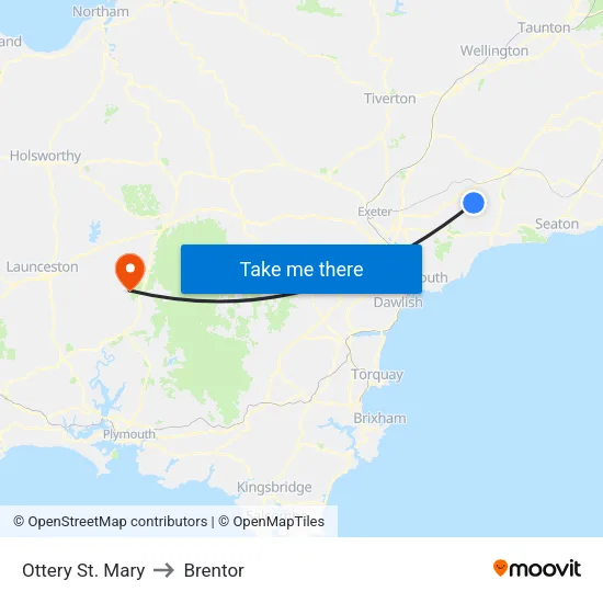 Ottery St. Mary to Brentor map