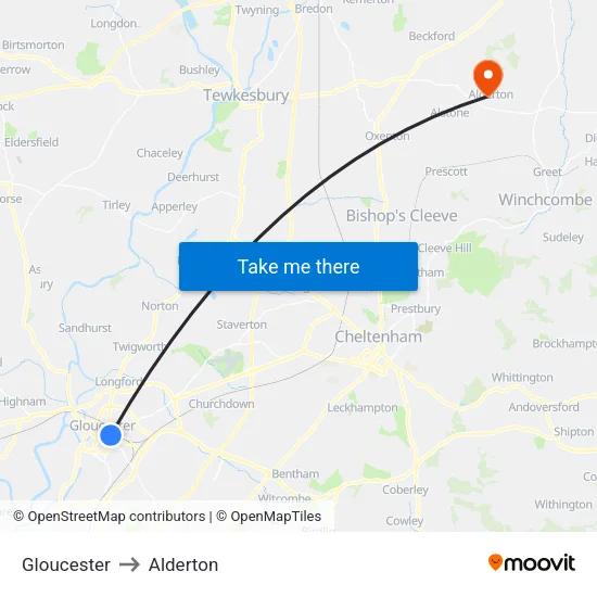 Gloucester to Alderton map