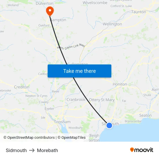 Sidmouth to Morebath map