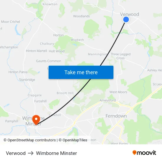 Verwood to Wimborne Minster map