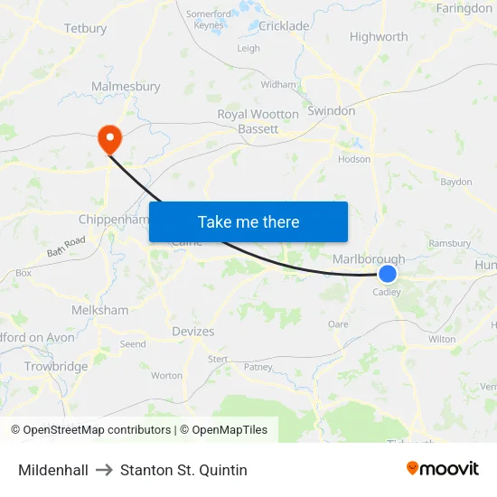 Mildenhall to Stanton St. Quintin map