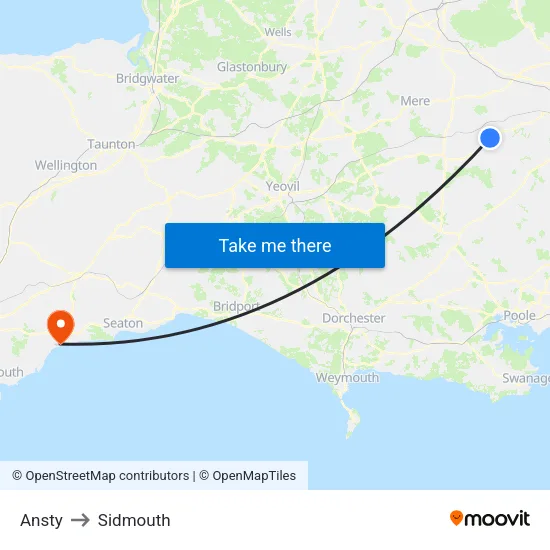 Ansty to Sidmouth map