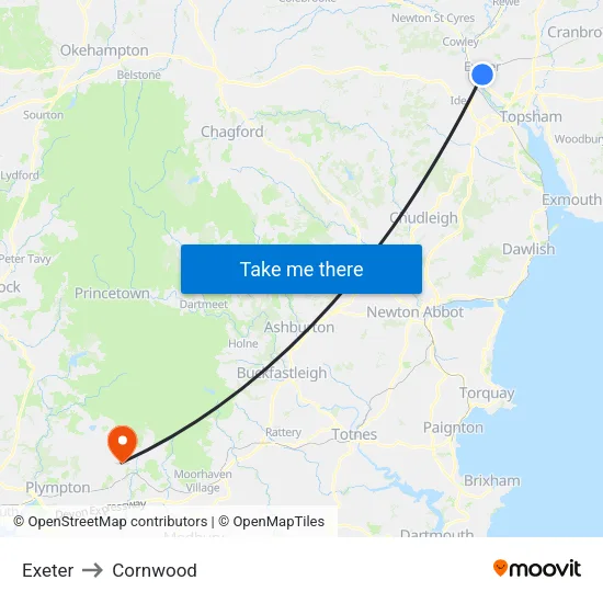 Exeter to Cornwood map