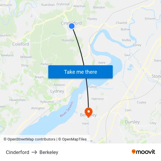 Cinderford to Berkeley map