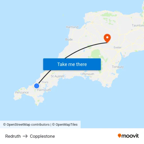 Redruth to Copplestone map